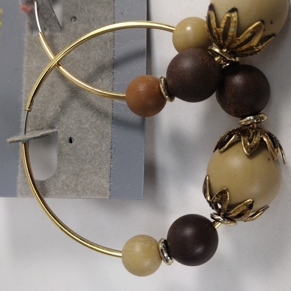 Boho Beaded Hoop Earrings – Natural Wood Look Beads, Gold-Tone Wire – Jewelry #2 - Picture 6 of 7